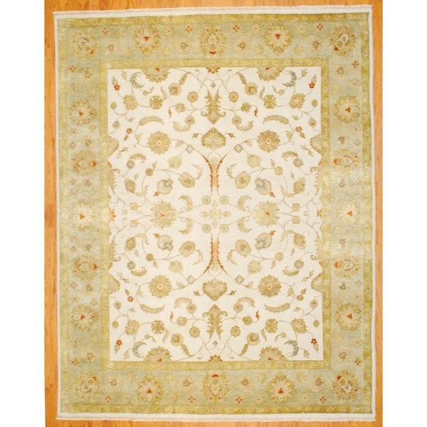 Indo Hand knotted Tabriz Ivory/ Light Green Wool/ Silk Rug (8' x 10') 7x9   10x14 Rugs