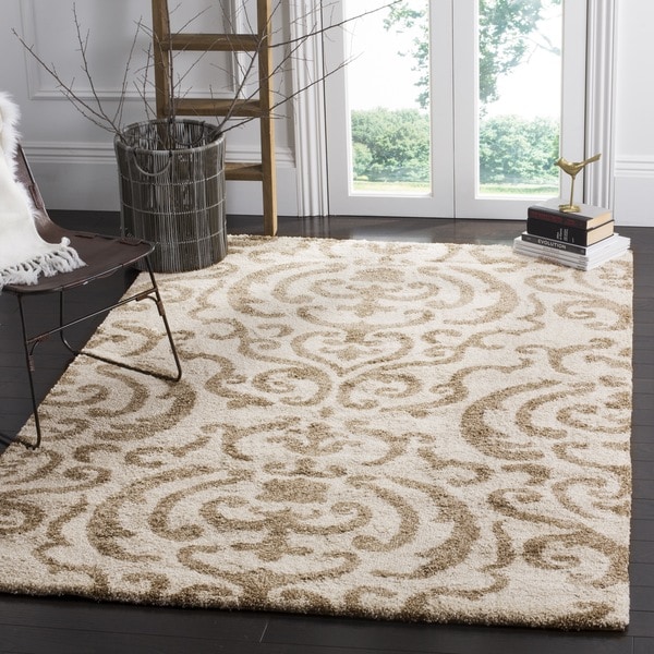 Safavieh Florida Shag Ornate Cream/ Beige Damask Square Rug - 5' x 5' square