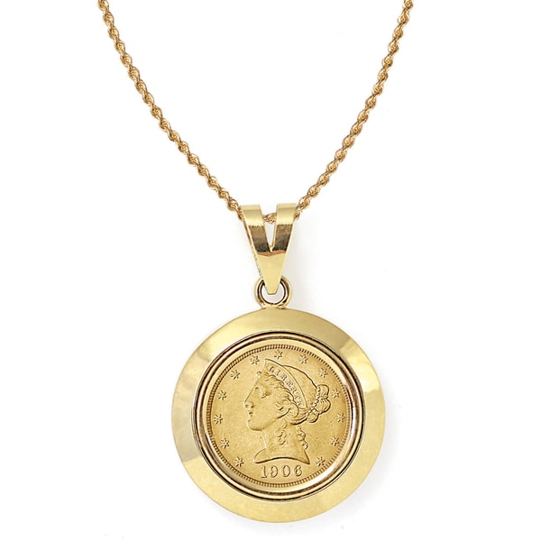 American Coin Treasures 14k Gold $5 Liberty Gold Piece Half Eagle Coin Dome Bezel Pendant Necklace Gold Necklaces