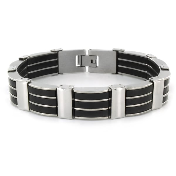 Crucible Stainless Steel Men's Black Rubber and Polished Link Bracelet West Coast Jewelry Men's Bracelets