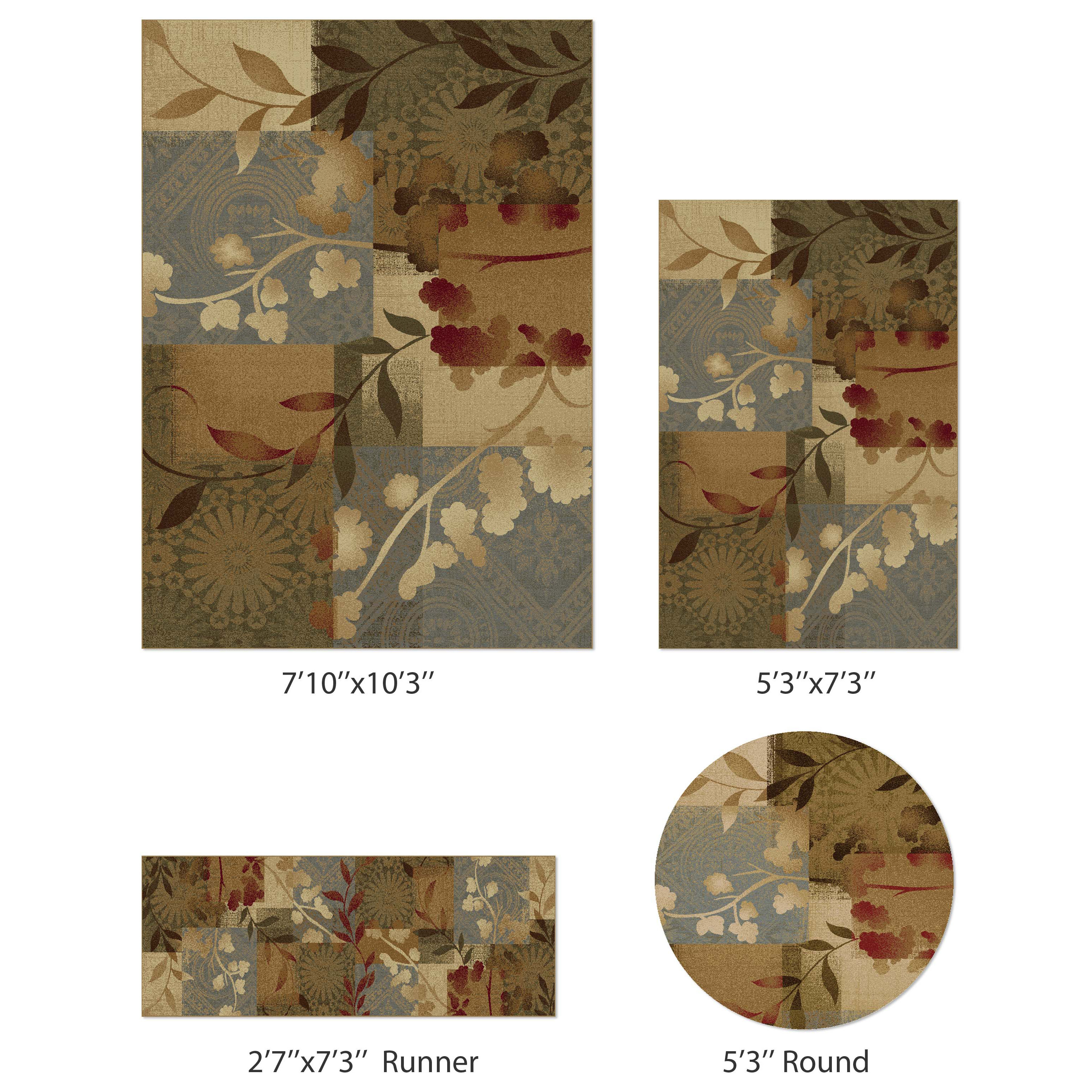 Impressions Collection Blue 4 piece Floral Rug Set