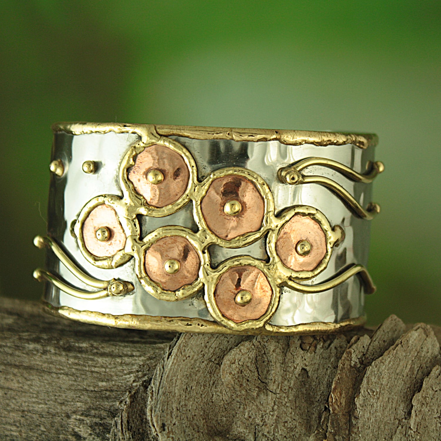 Handmade Brass and Copper Stainless Steel Hammered Cuff Bracelet (India