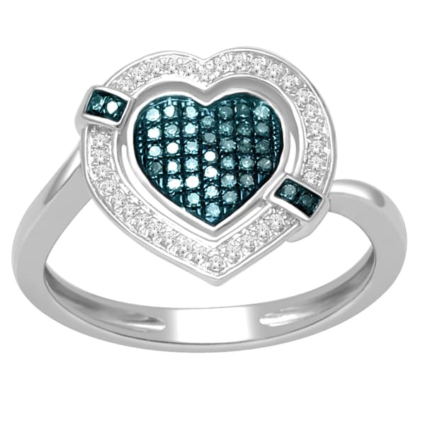De Couer Silver 1/5ct TDW Blue and White Diamond Heart Cocktail Ring