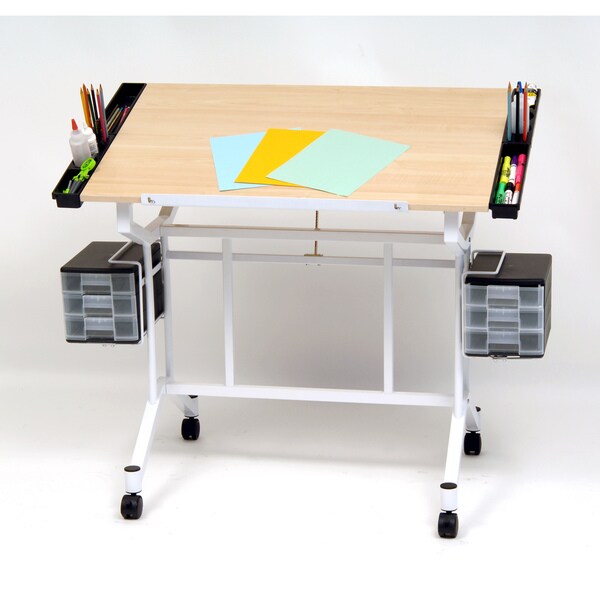 white drafting table with storage