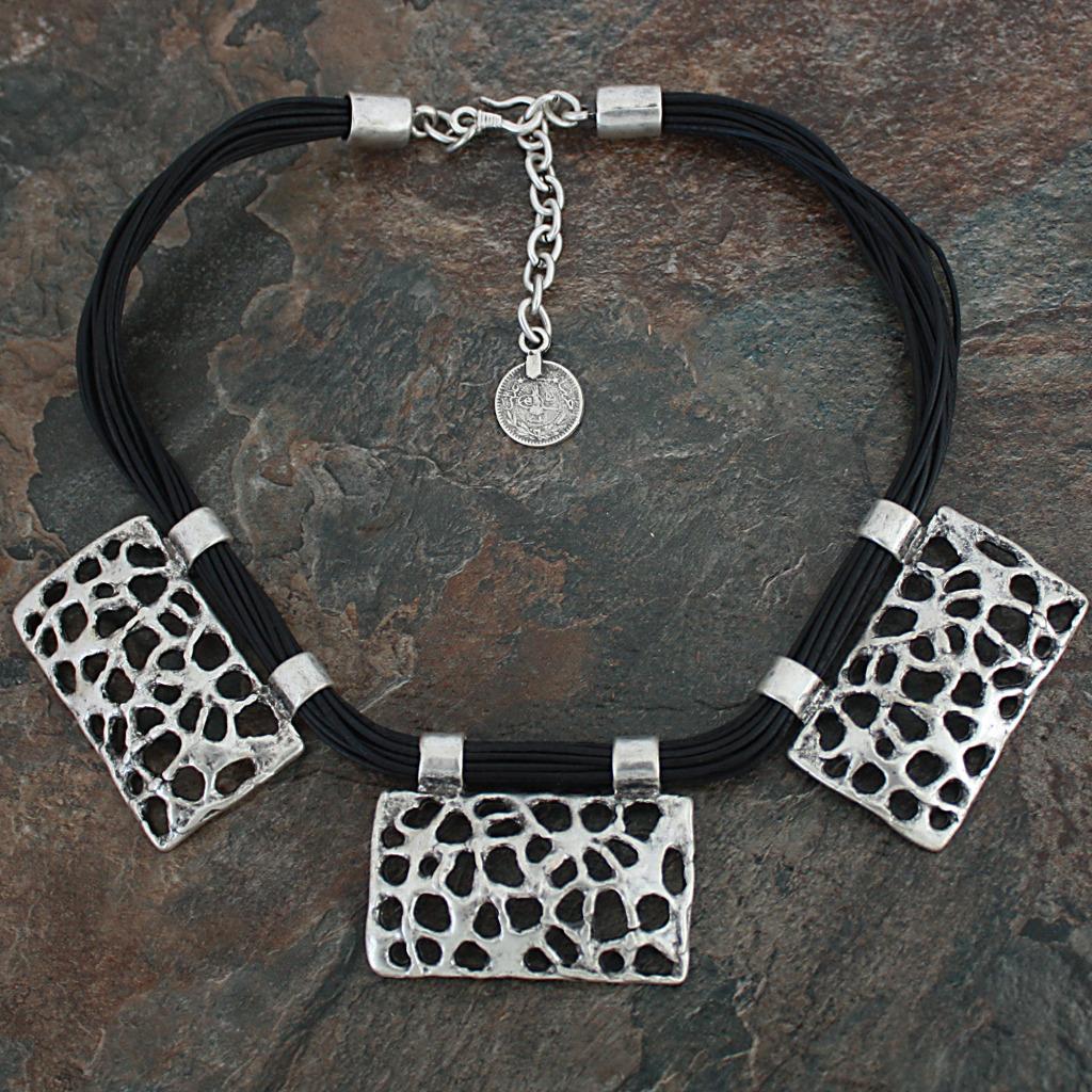 Silverplated Pewter Free Art Rectangles Leather Necklace (Turkey