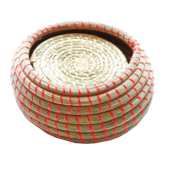 Set of 4 Natural and Orange Woven Coasters (Rwanda)  