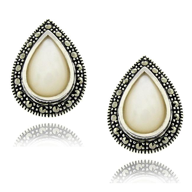 Dolce Giavonna Sterling Silver Marcasite and Mother of Pearl Earrings Dolce Giavonna Gemstone Earrings