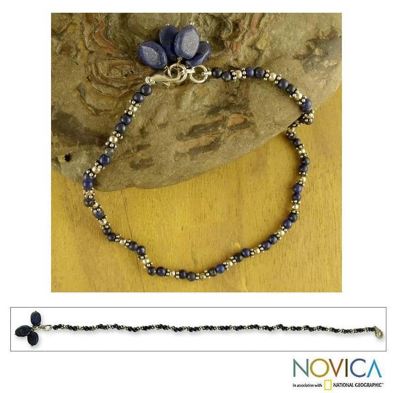 Handmade Sterling Silver 'Knowledge' Lapis Lazuli Beaded Anklet (India)