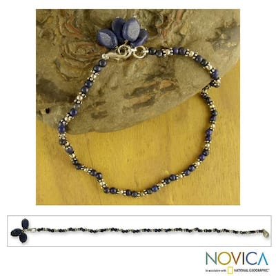 Handmade Sterling Silver 'Knowledge' Lapis Lazuli Beaded Anklet (India)