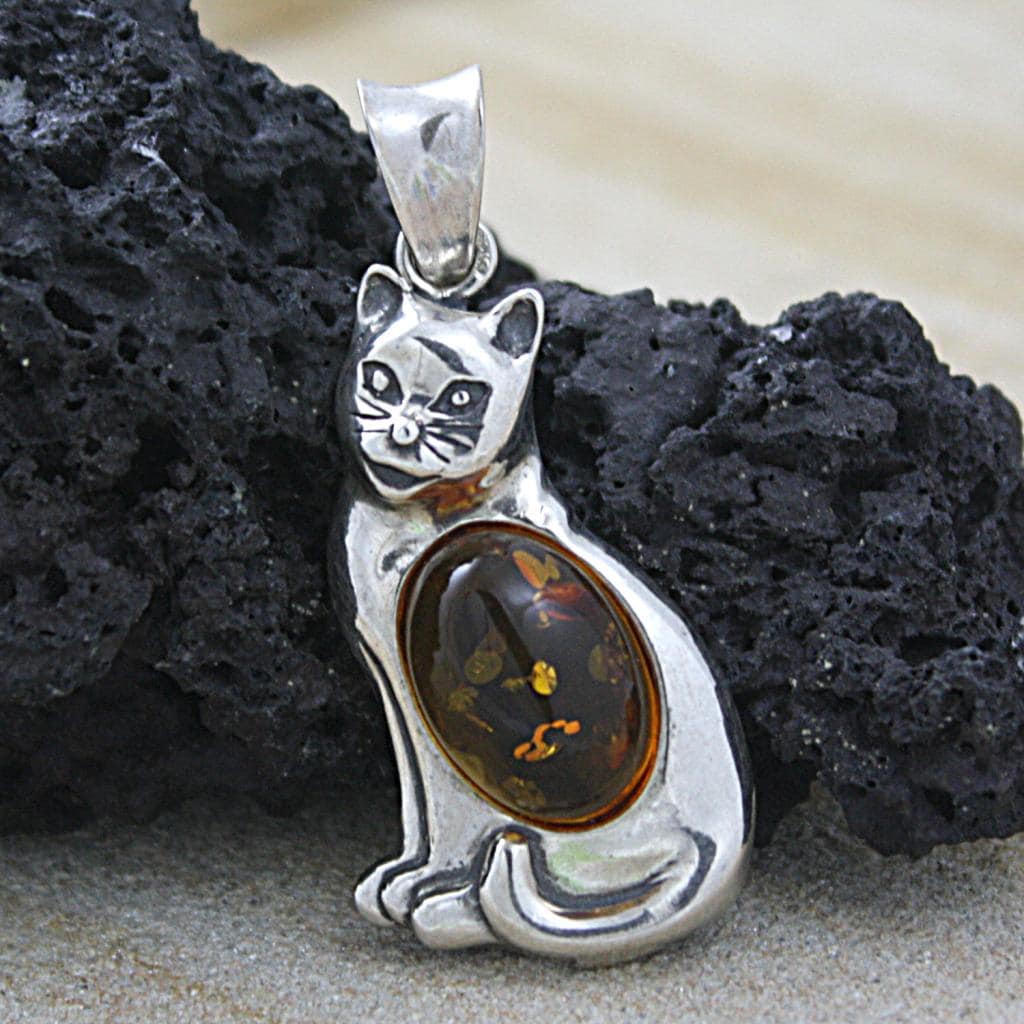 Sterling Silver Honey Baltic Amber Cat Pendant (Poland)