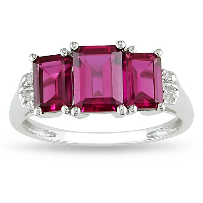 10k White Gold Created Ruby and Diamond 3 stone Ring