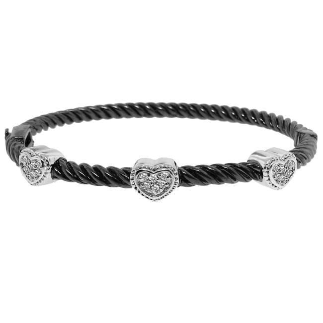 Sterling Silver 1/5ct TDW Diamond Heart Black Bangle (H I, I2 I3) Moise Diamond Bracelets