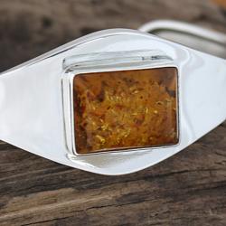 Sterling Silver Honey Amber Rectangle Inlay Cuff Bracelet (Poland) Bracelets