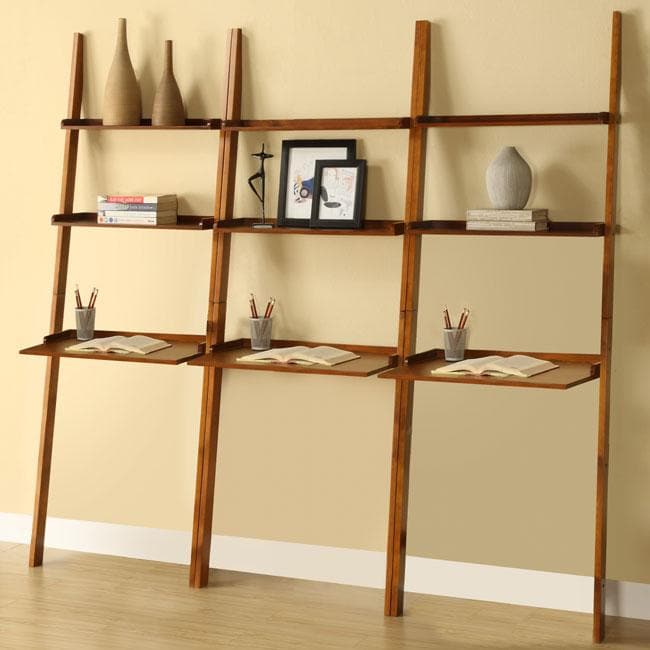 Oak Five tier 3 piece Leaning Ladder Shelf Set