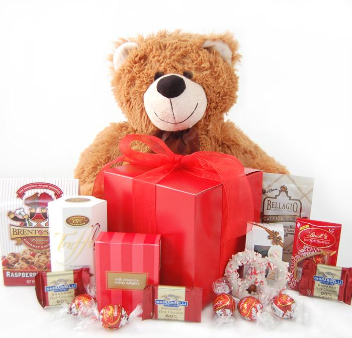 Valentine's Day Teddy Bear and Sweets Gift Box Nikki's By Design Gourmet Food Baskets
