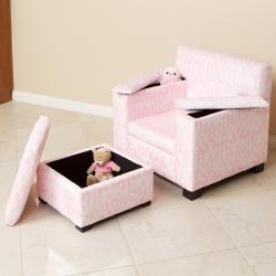 Light Pink/ White Fabric Kid's Club Chair and Ottoman Set Christopher Knight Home Kids' Chairs