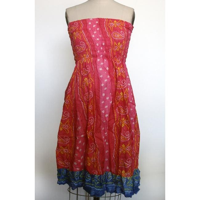 Womens Cotton Hot Pink/ Orange Print Tube Dress (Nepal)  