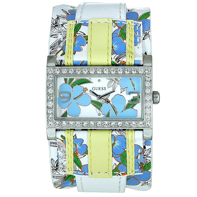 Guess Womens Casual Hibiscus Print White Leather Watch   