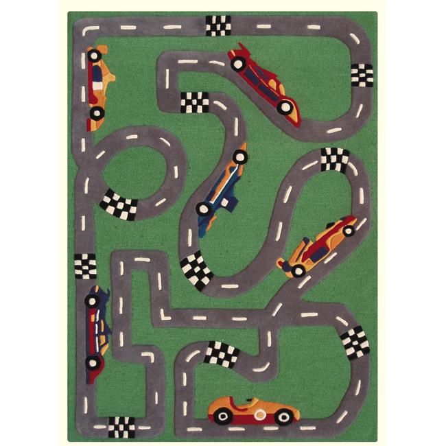 Hand carved Alexa Kids Car Race Finish Line Green Wool Rug (36 x 56