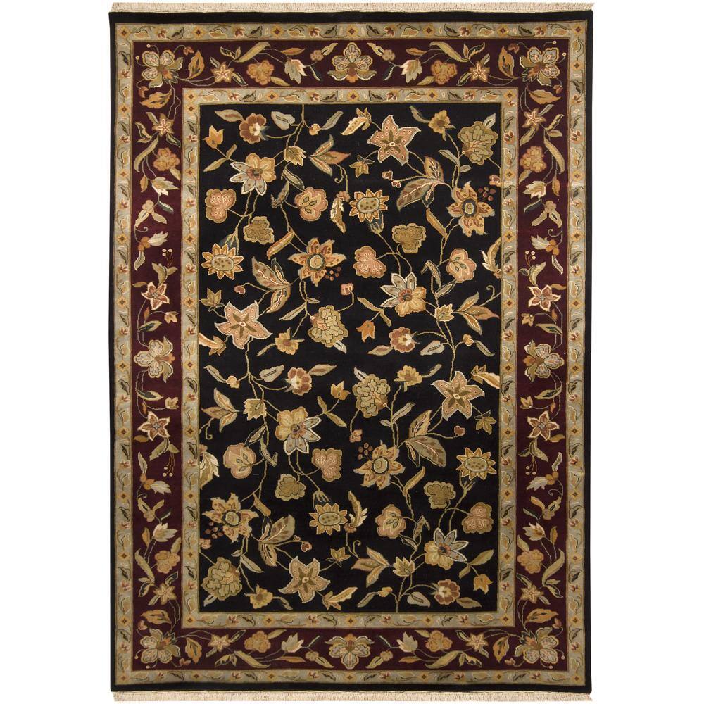Hand-knotted Mandara Floral Black New Zealand Wool Rug (6' x 9')