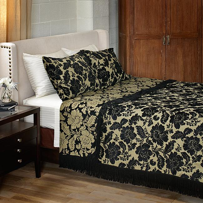 Black Floral Chenille King size 3 piece Coverlet Set  