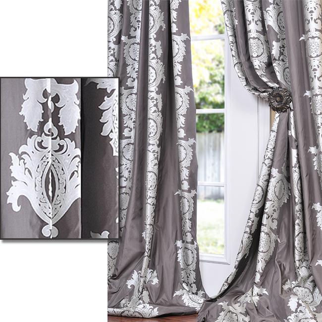 Exclusive Fabrics Charcoal Grey With Silver Metallic Print Faux Silk 84inch Curtain Panel 