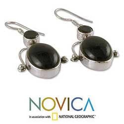 Sterling Silver 'India Love' Onyx Garnet Dangle Earrings (India) Novica Earrings