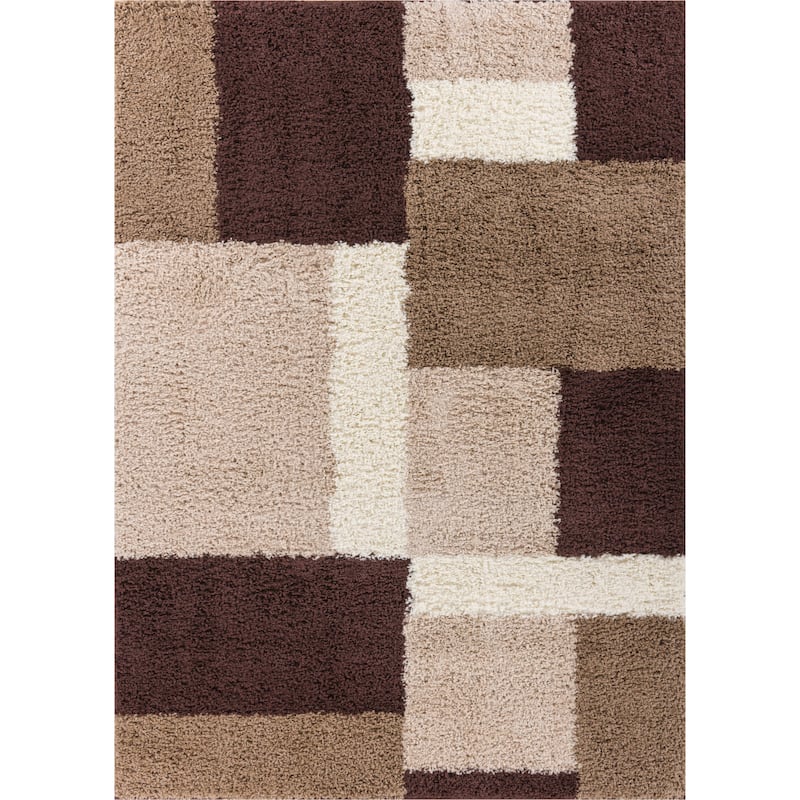 Well Woven Shag Plush Beige Brown Geometric Area Rug - 6'7" x 9'10"