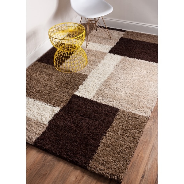 Shag Plush Beige, Brown, and Ivory Geometric Modern Contemporary Color Block Area Rug - 3'3 x 5'3