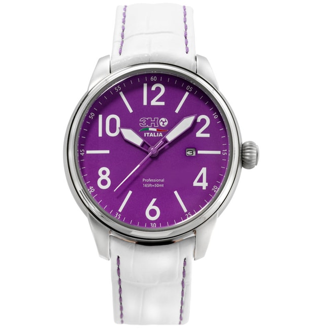 3H Mens White Band Purple Stitching Water Resistant Date Watch Today