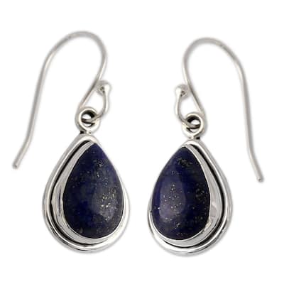 Handmade Sterling Silver Blue Teardrop Lapis Lazuli Hook Earrings (India)