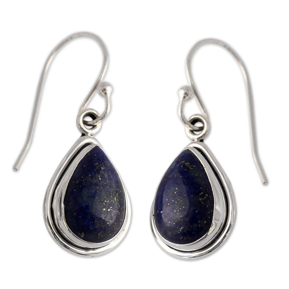 Handmade Sterling Silver Blue Teardrop Lapis Lazuli Hook Earrings (India)