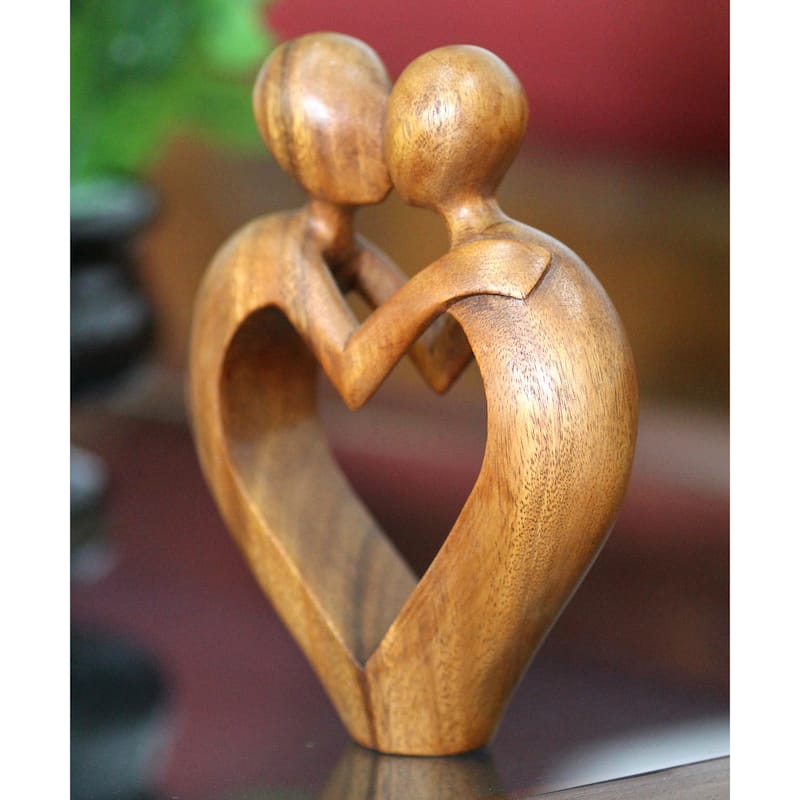 NOVICA Handmade Sweet Love Suar Wood Sculpture (Indonesia) - 8.25" H x 6" W x 1.8" D
