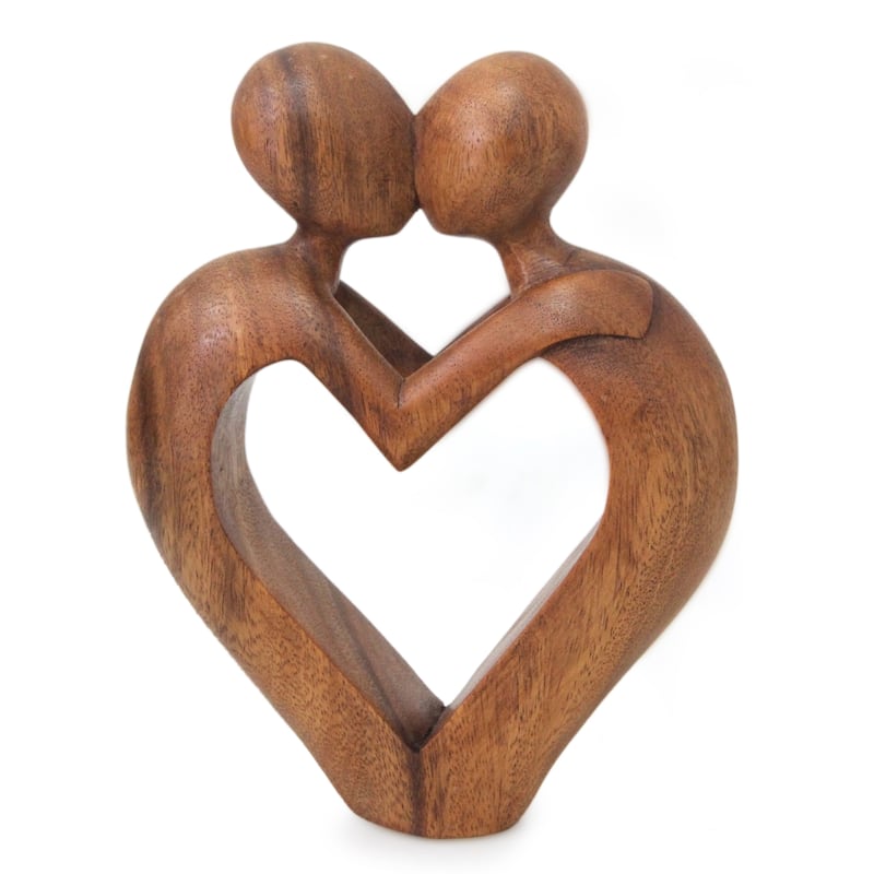 NOVICA Handmade Sweet Love Suar Wood Sculpture (Indonesia) - 8.25" H x 6" W x 1.8" D