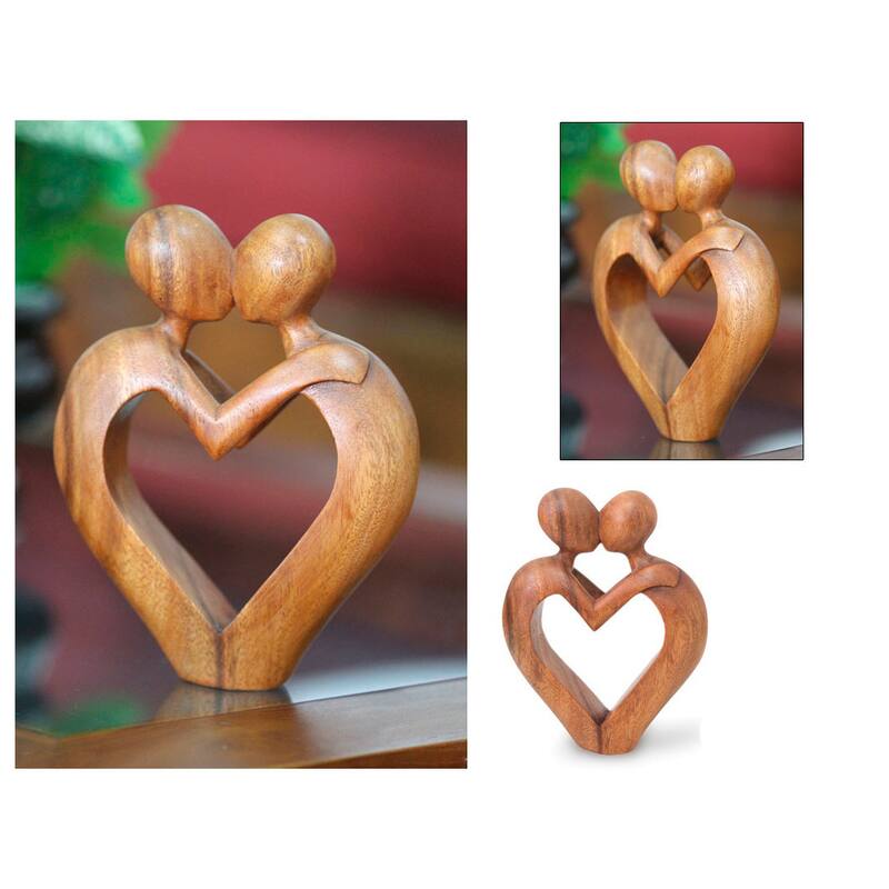 NOVICA Handmade Sweet Love Suar Wood Sculpture (Indonesia) - 8.25" H x 6" W x 1.8" D