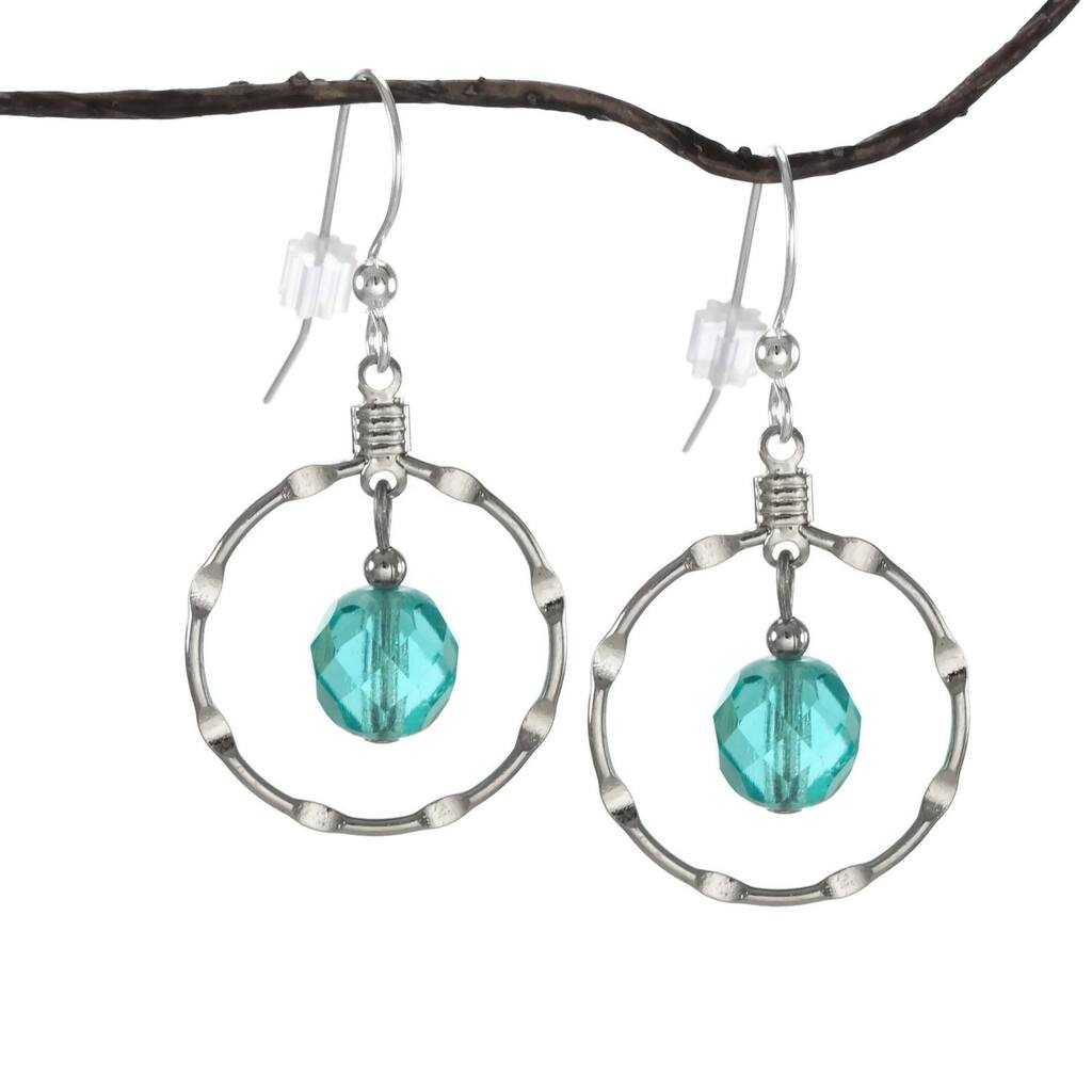 Handmade Jewelry by Dawn Aqua Silver Notched Hoop Earrings (USA)