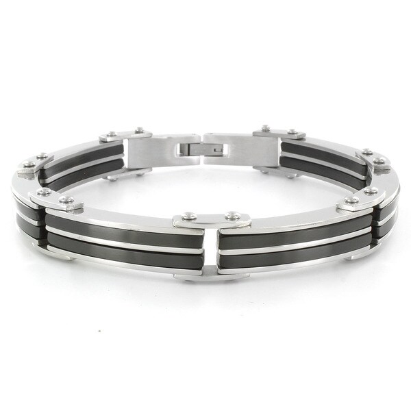 Crucible Stainless Steel Men's Black Rubber Link Bracelet West Coast Jewelry Men's Bracelets