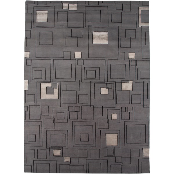 Hand-knotted Geometric Medium Grey Wool/ Art-silk Rug (9'6 x 13'6)