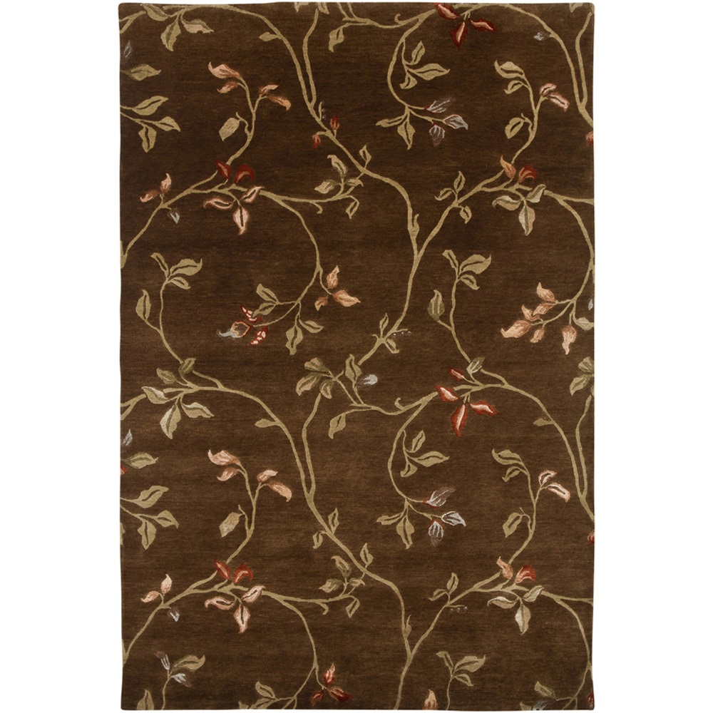 Hand knotted Floral Tobacco Handspun wool/ Art silk Rug (56 X 86)