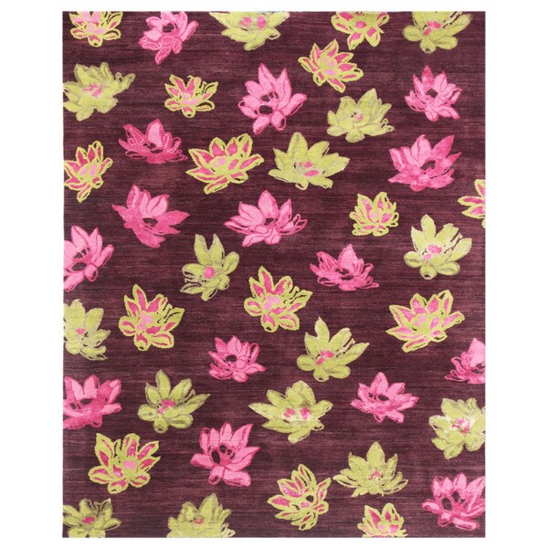 Hand-knotted Floral Tulip Purple Wool/ Silk Rug (8' x 10')