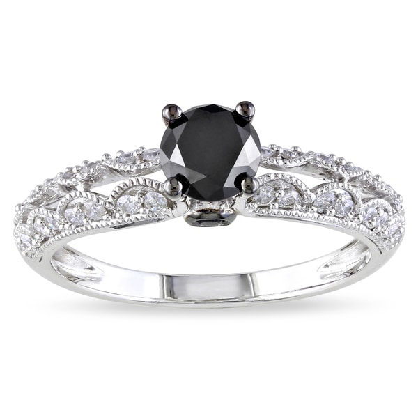 Miadora 14k White Gold 1ct TDW Black and white Round cut Diamond Ring