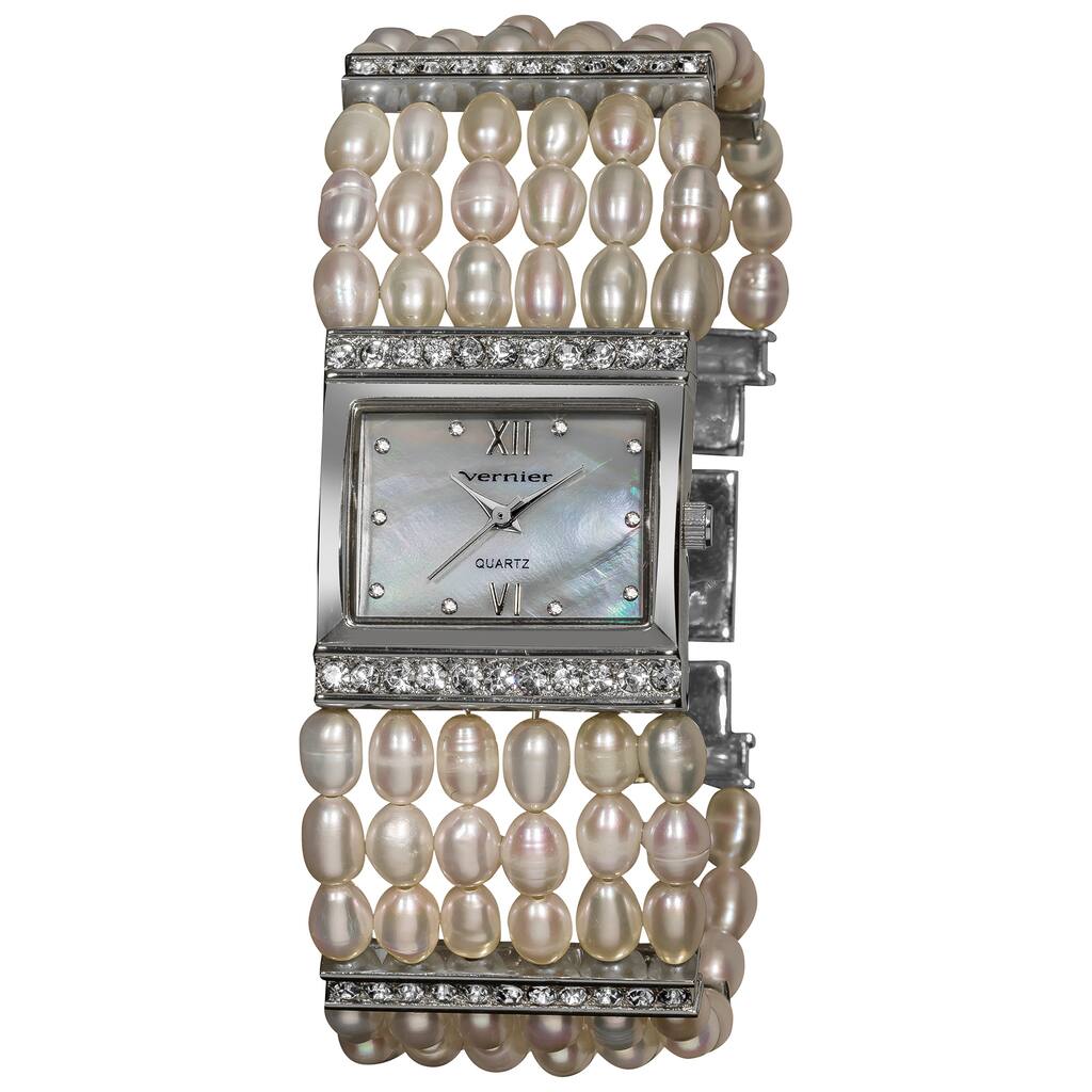 Vernier Women's Rectangular Silver Case Fresh Water Pearl Bracelet Watch