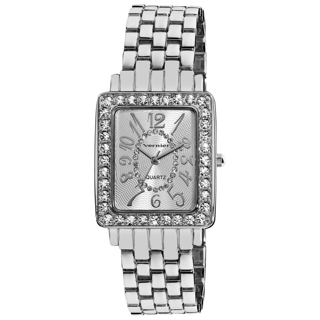 Vernier Women's Dazzling Rectangular Case Easy Read Silver-Tone Bracelet Watch