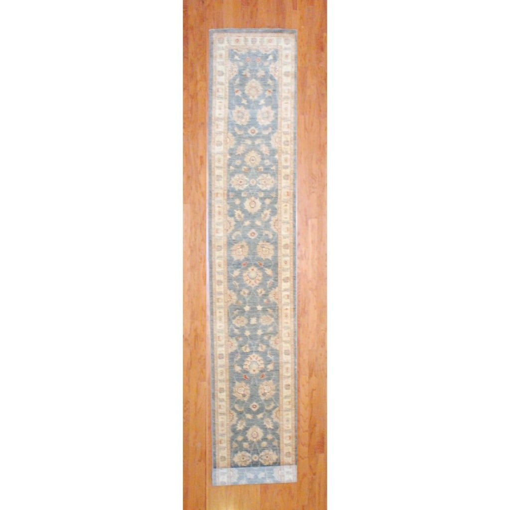 Afghan Hand knotted Blue/ Ivory Vegetable Dye Wool Runner (26 x 1610