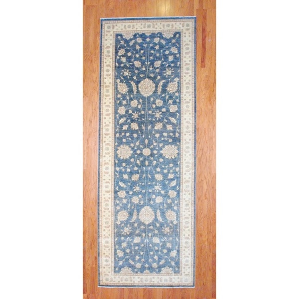 Afghan Hand knotted Blue/ Ivory Vegetable Dye Wool Runner (5'2 x 14'4) Runner Rugs