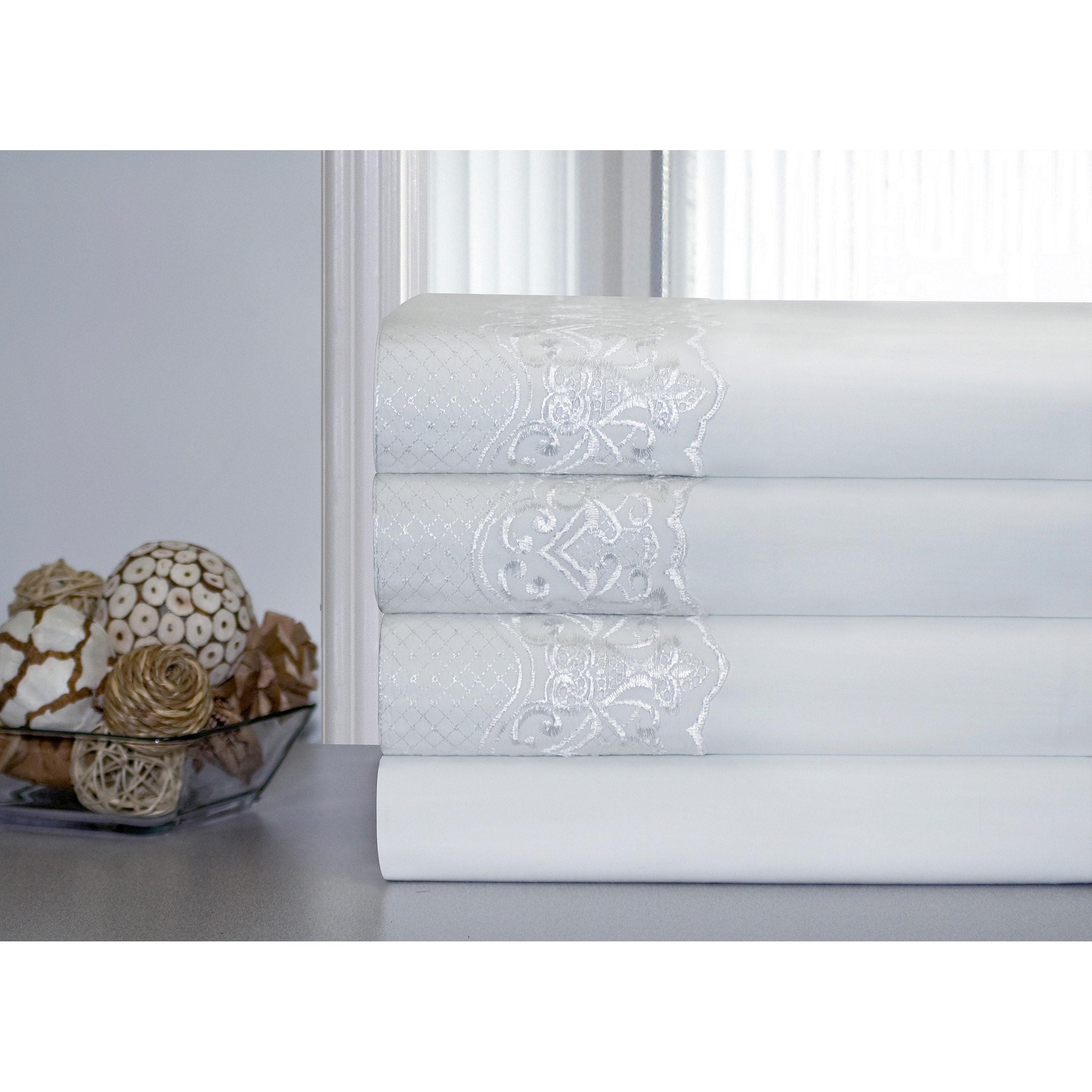 Pointehaven Pointehaven Cotton Lace Deep Pocket Sheet Set White Size King