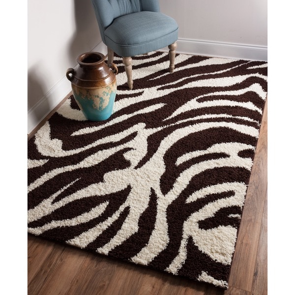 Shag Plush Brown and Ivory Zebra Print Area Rug (3'3 x 5'3)