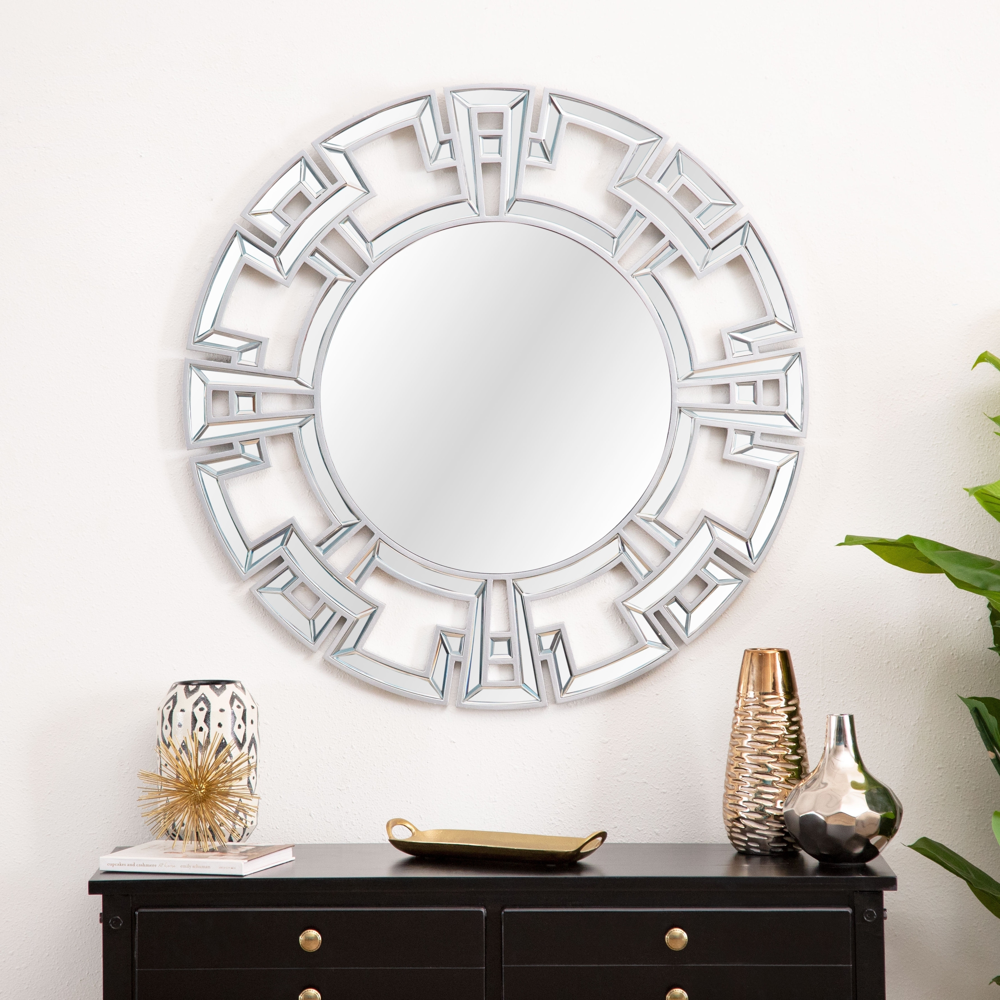 Abbyson Living Pierre Silver Round Wall Mirror (SilverMaterials Glass/woodCare Dust all non mirror surfaces with a dry, soft, cloth. Clean mirrored surfaces with glass cleanerDimensions 35.5 inches diameter x .8 inches deep )