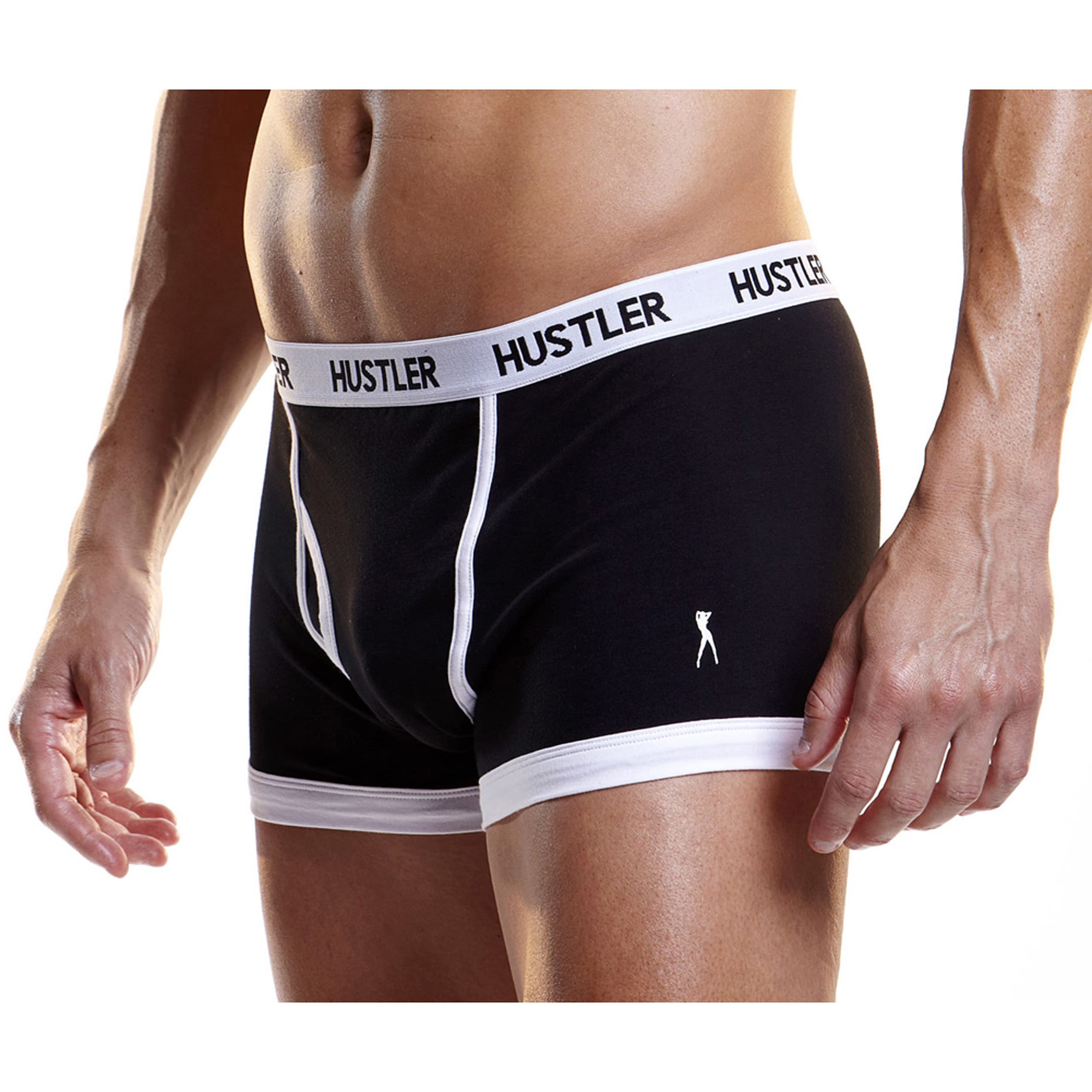 I image Mens Hustler Logo Black Elastic Cotton/ Spandex Trunks (set Of 2) (BlackSizes Medium, large, or extra largeMaterials 95 percent cotton/ 5 percent spandex jersey Care instructions Hand wash cold recommended but can be machine washedModel MH3BLK