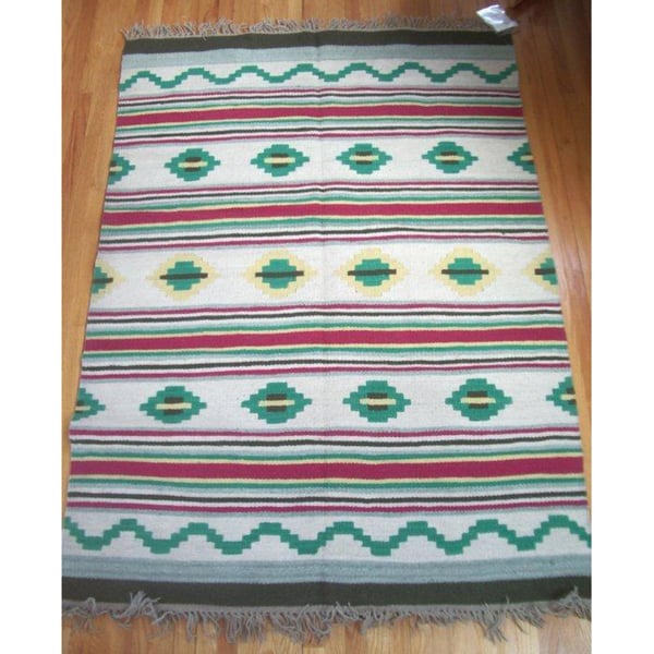 Durango Green, Pink, and Yellow 100 percent Egyptian Wool Flatweave Rug (5' x 7') (Egypt) 5x8   6x9 Rugs